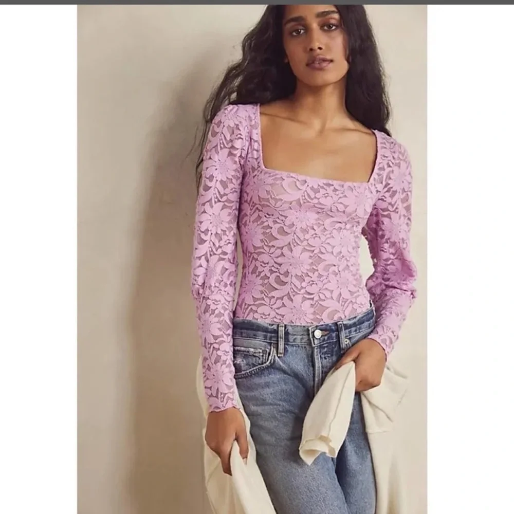 Free People Long Distance Pink Lace Long Sleeve Small